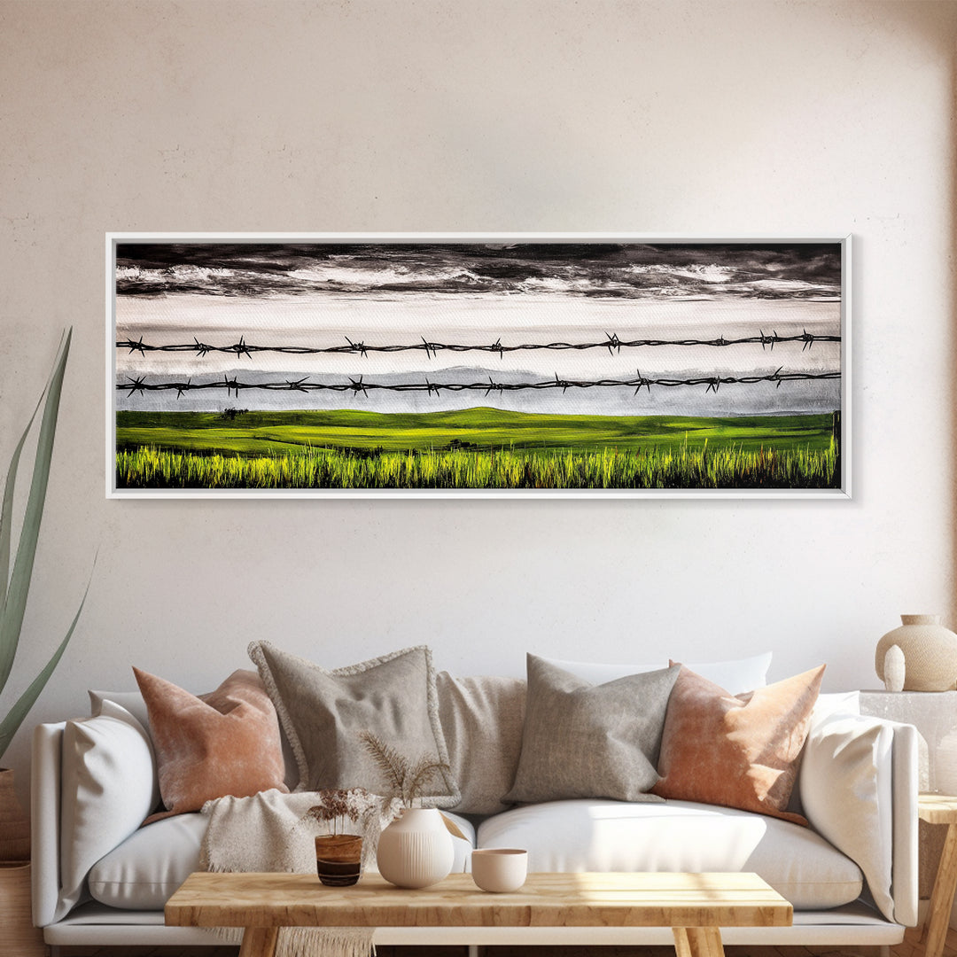 Barbed Wire Art, Rural Landscape Print, Farmhouse Wall Decor, Countryside Canvas Print, Rustic Living Room Art, Framed Canvas Print