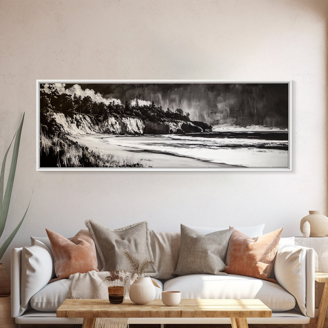 Bold Coastal Cliff, Monochrome Seascape Painting, Dramatic Nature Wall Art, Minimalist Ocean Print, Modern Home Decor, Framed Canvas Print