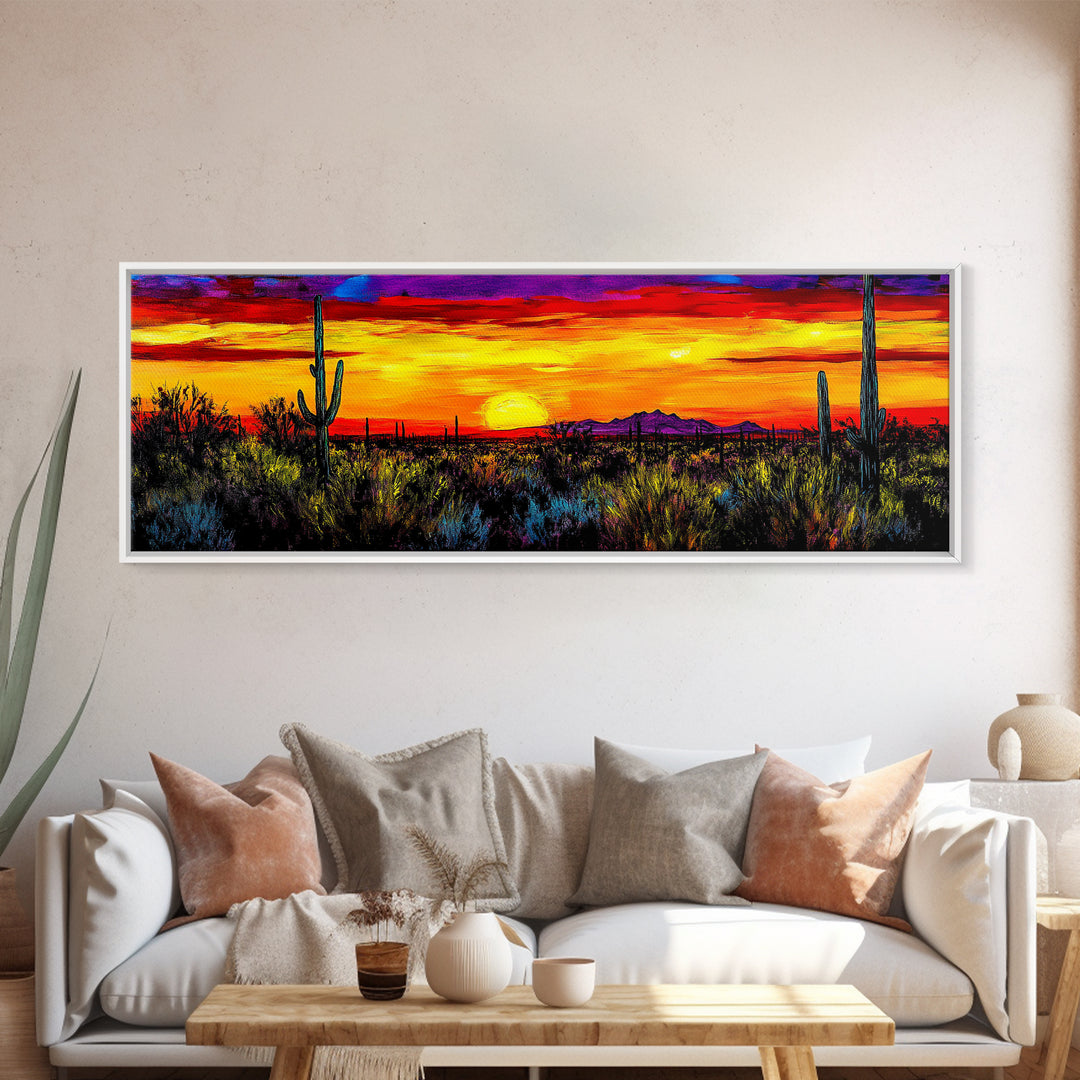 Desert Sunset Art, Vibrant Cactus Painting, Warm Boho Landscape, Southwestern Wall Decor, Bold Nature Print, Framed Canvas Print