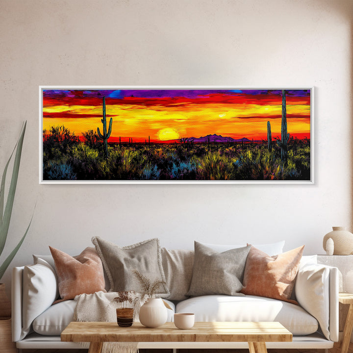Desert Sunset Art, Vibrant Cactus Painting, Warm Boho Landscape, Southwestern Wall Decor, Bold Nature Print, Framed Canvas Print