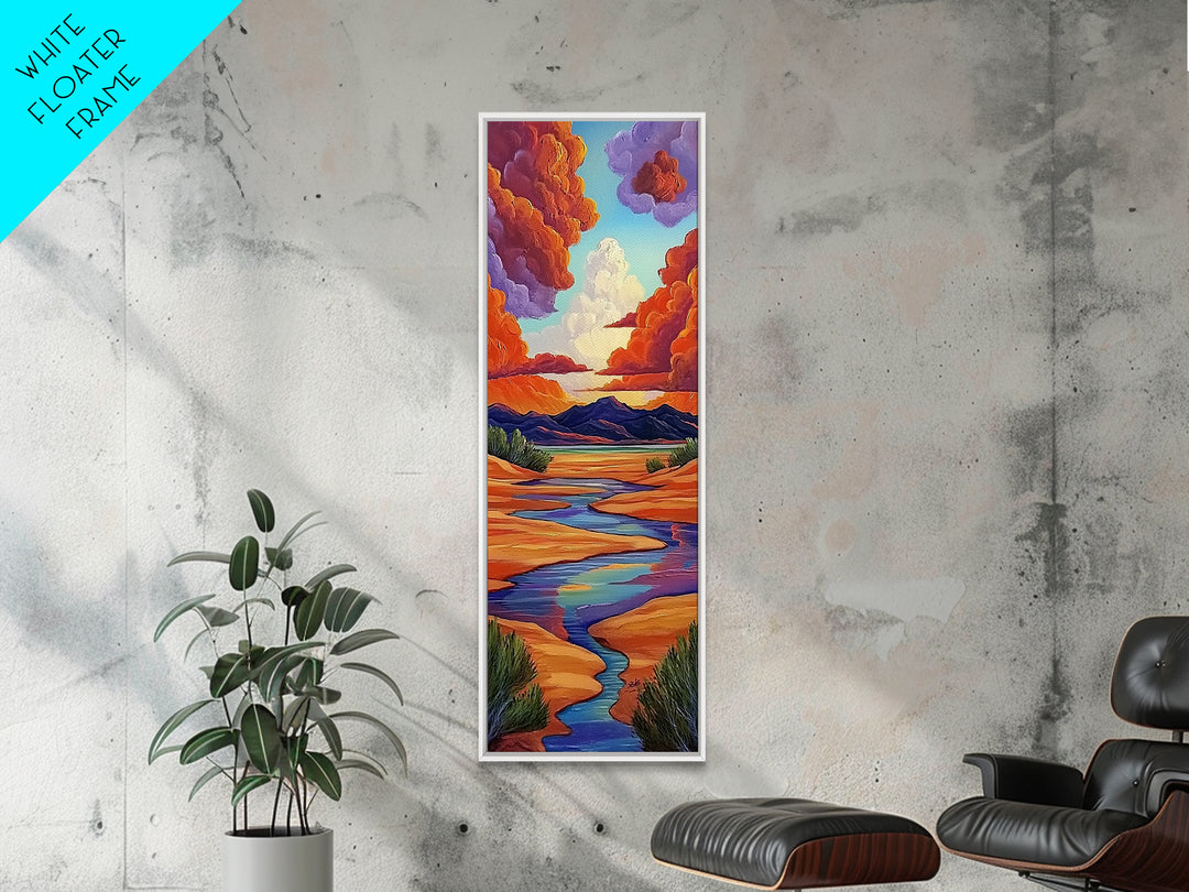 Desert River, Sky Painting, Framed Canvas Print, warm southwestern stream view landscape, bold clouds, boho decor, office wall art