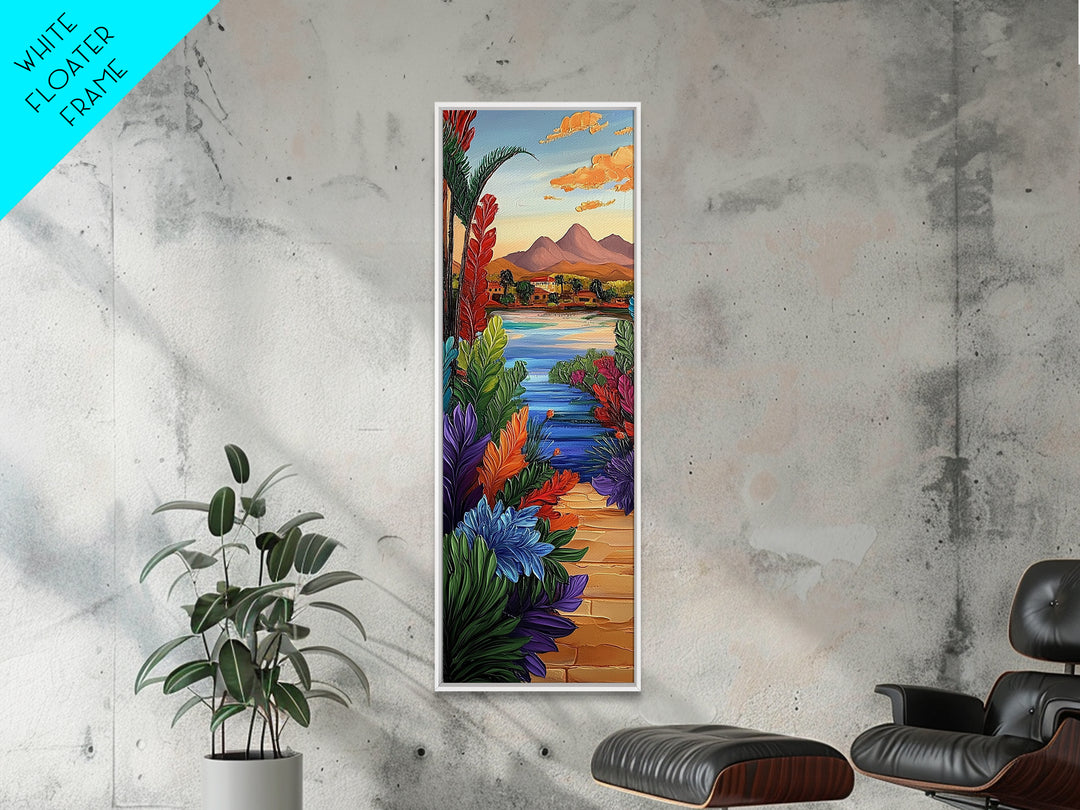 Path Garden, Village Painting, Framed Canvas Print, whimsical tropical pathway, village view, bold colorful foliage, hallway wall art, boho style