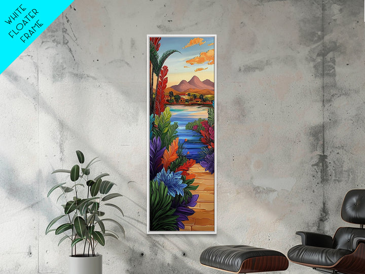Path Garden, Village Painting, Framed Canvas Print, whimsical tropical pathway, village view, bold colorful foliage, hallway wall art, boho style