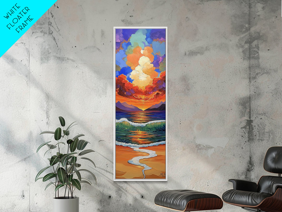 Ocean Sunset, Waves Painting, Framed Canvas Print, dramatic beach sunset, crashing waves, bold seascape, boho home decor, bathroom wall art