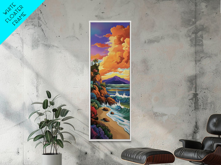 Beach Cliffs, Sunset Painting, Framed Canvas Print coastal cliffside view with crashing waves vibrant beach wall art tropical living room décor