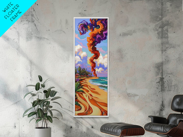 Coastal Smoke Vibes Art, Framed Canvas Print vibrant beach painting with purple and orange smoke, tropical sunset art, boho home decor