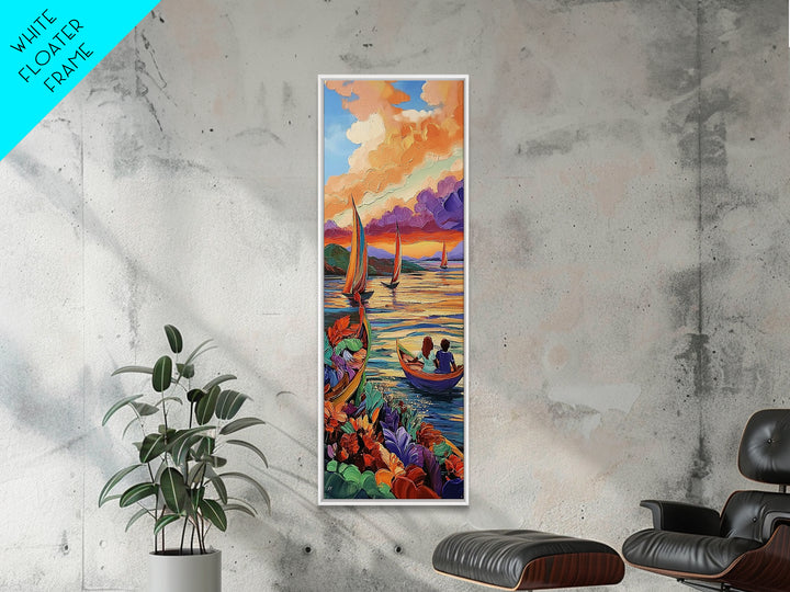 Boats Sunset, Romance Adventure, Canvas Print vibrant sailboats at sunset painting, romantic couple art, nautical wall decor, boho accent