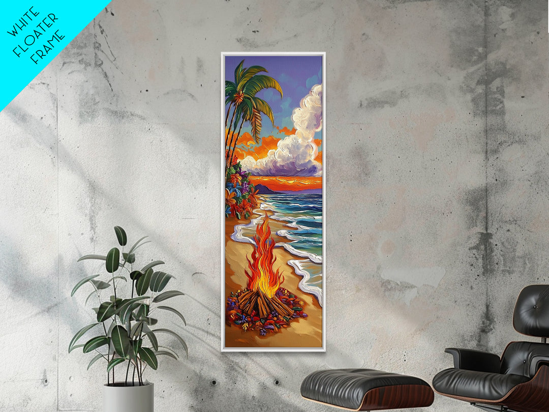Beach Bonfire, Tropical Sunset, Palm Trees, Framed Canvas Print, coastal beach wall art, summer living room or patio decor, boho ocean vibe