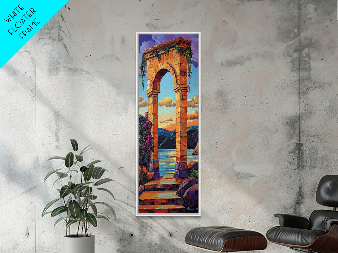 Archway, Sunset, Stone Portal, Dreamscape Framed Canvas Print, Mediterranean Wall Art, Spiritual Decor, Eclectic Entryway Accent, Sunset Painting