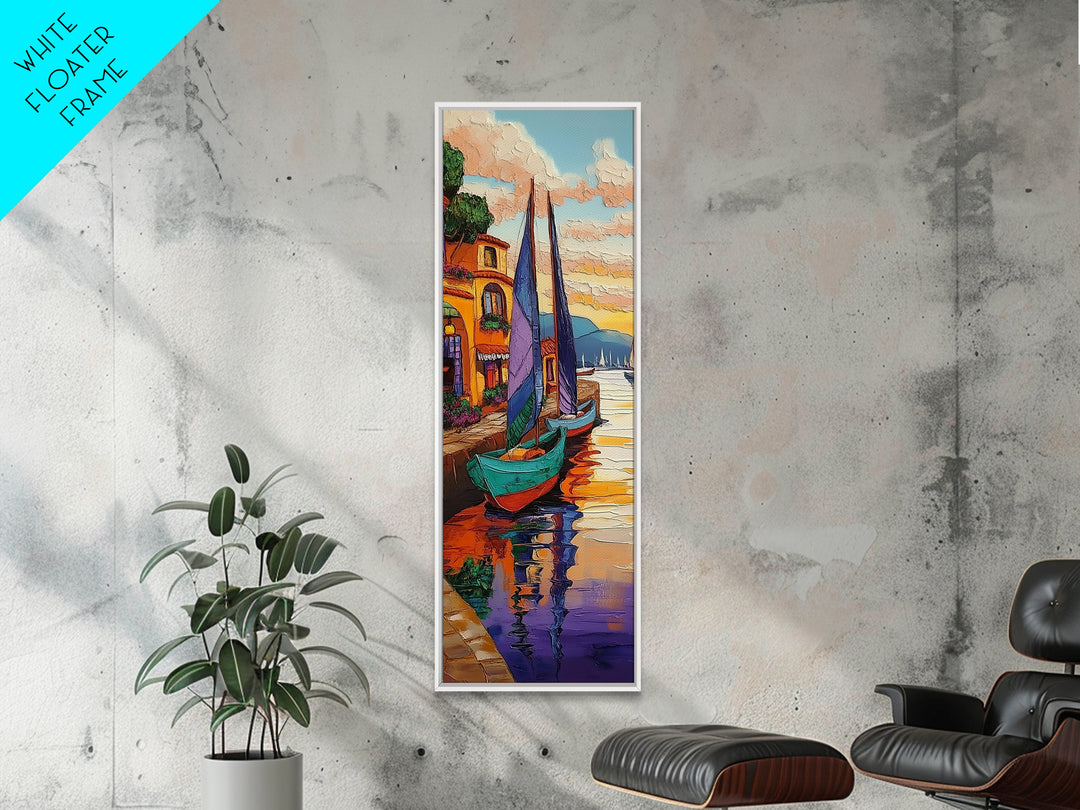 Boats, Harbor, Coastal Village, Mediterranean Scene Framed Canvas Print, Nautical Wall Decor, Vibrant Harbor Painting, Dining Room Accent Art