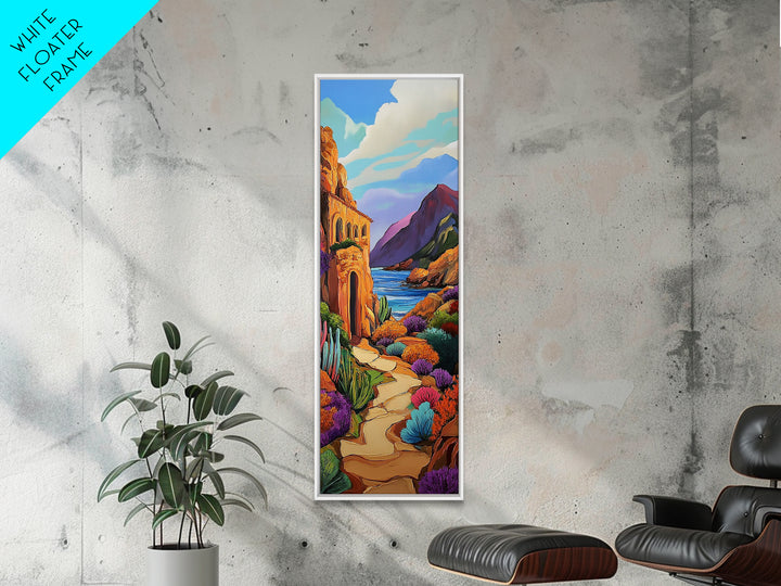 Desert, Path, Cactus, Vibes - Framed Canvas Print, Southwest Landscape Wall Art, Living Room Colorful Boho Art, Mediterranean Path Painting