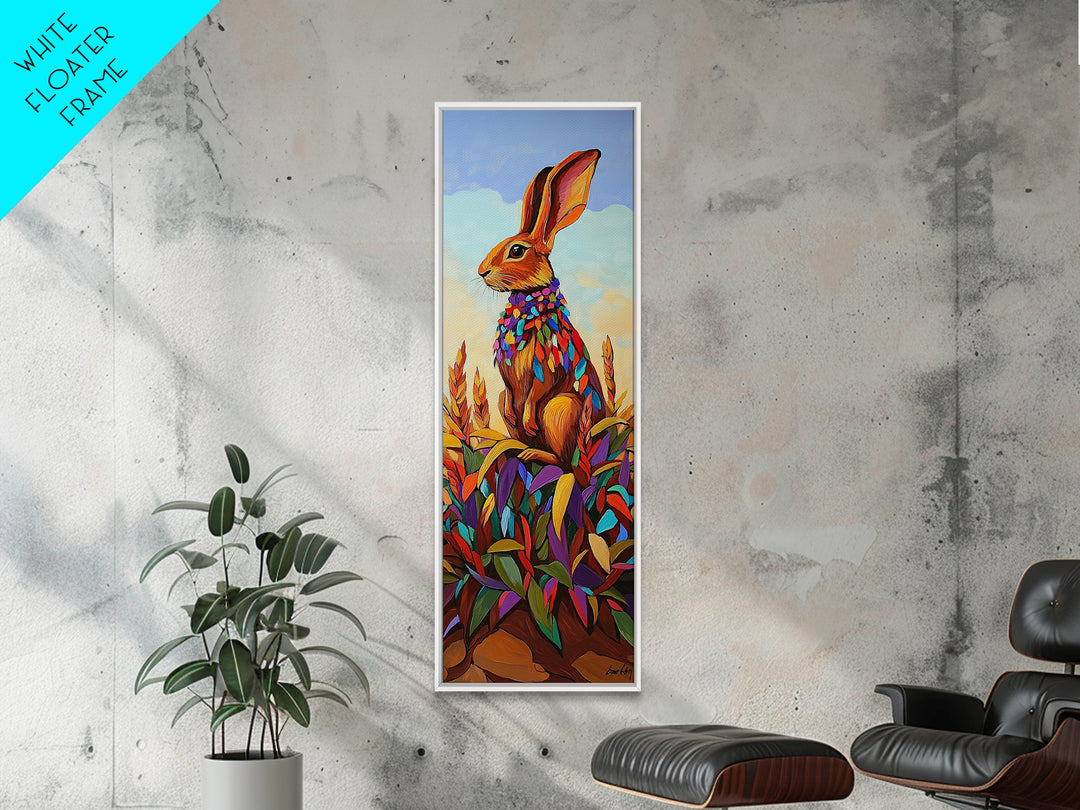 Rabbit, Autumn, Leaves, Field, Framed Canvas Print, Fall nursery wall art, woodland animal painting, whimsical harvest decor, colorful boho style