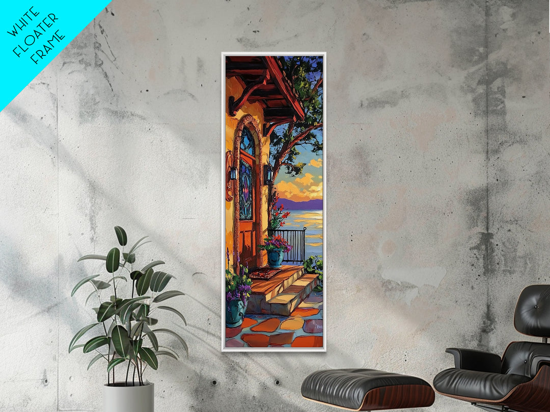 Doorway, Ocean, Mediterranean, Flowers, Framed Canvas Print, Mediterranean doorway wall art, ocean view canvas print, flower entryway painting