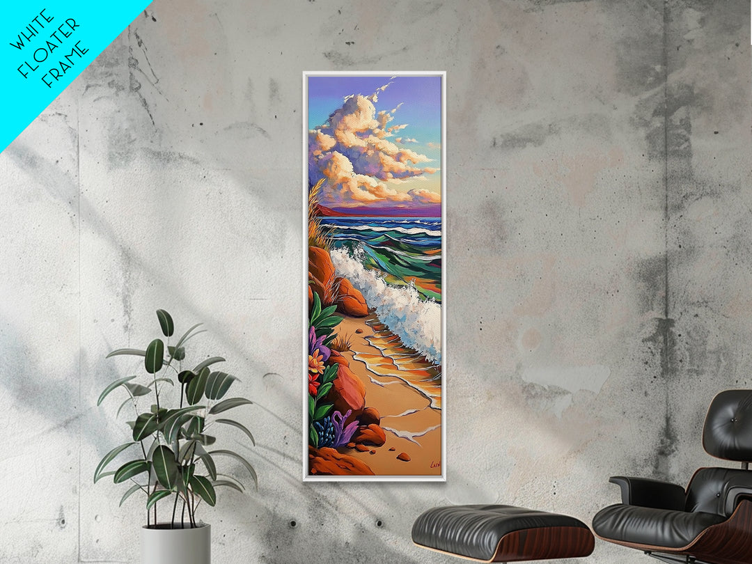 Coastal Flowers, Waves Sunset, Framed Canvas Print, Beach Art, Seaside Wall Decor, Tropical Artwork, Living Room Coastal Decor, Ocean Art
