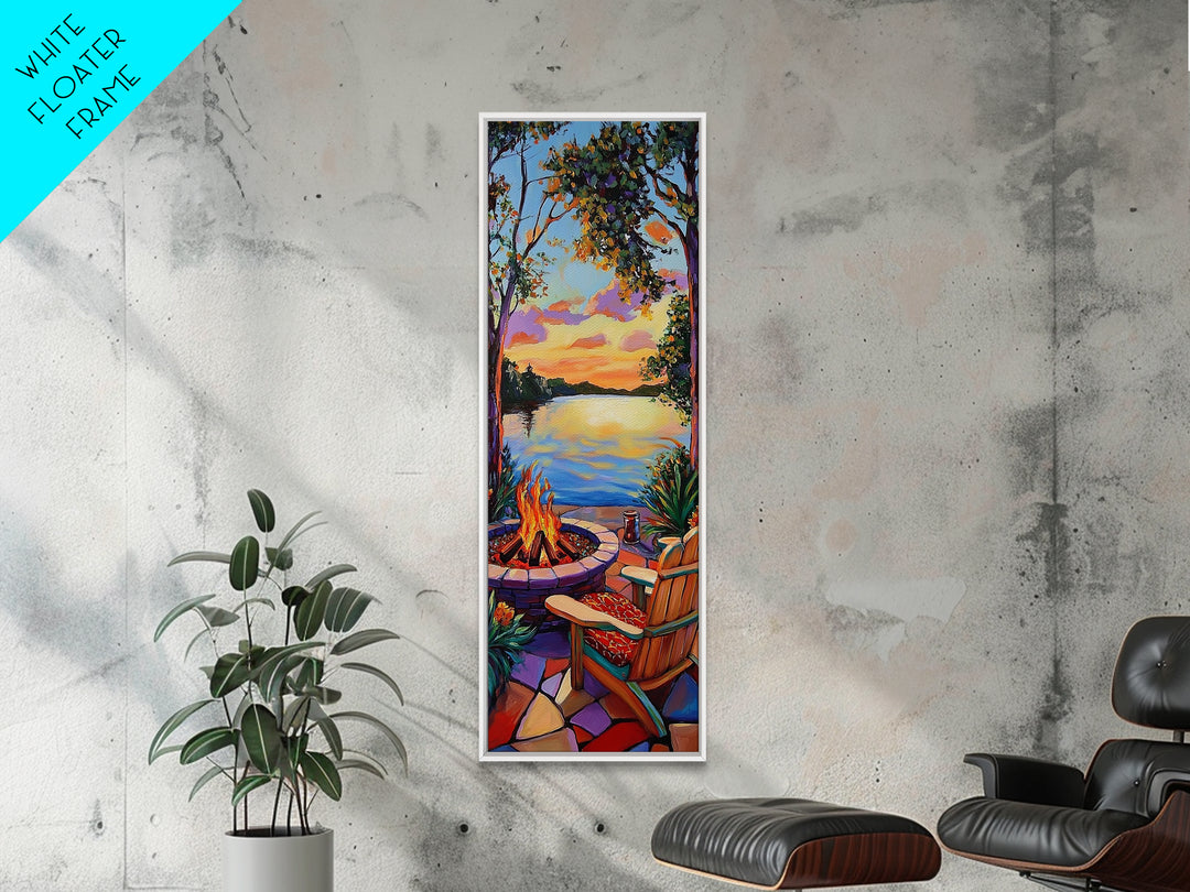 Campfire, Sunset, Retreat, Outdoors, Framed Canvas Print, Cozy Patio Wall Art, Autumn Landscape Decor, Rustic Cabin Vibes, Warm Living Room Art