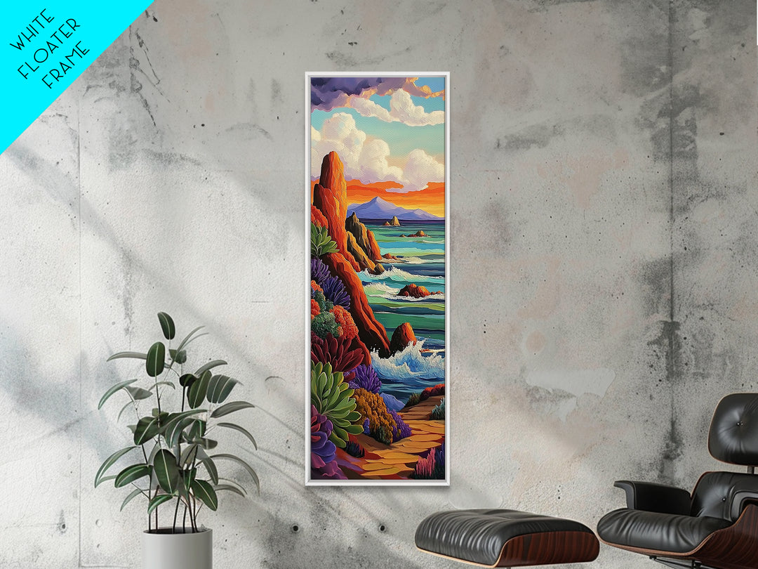 Coastal, Sunset, Seascape, Vibes, Framed Canvas Print of ocean cliffs and crashing waves, modern coastal wall art, beach house decor