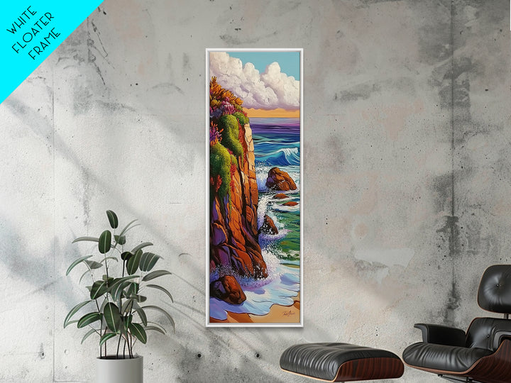 Cliff, Ocean, Waves, Nature, Framed Canvas Print of dramatic coastal waves, serene beach art, bathroom wall decor, ocean lover gift