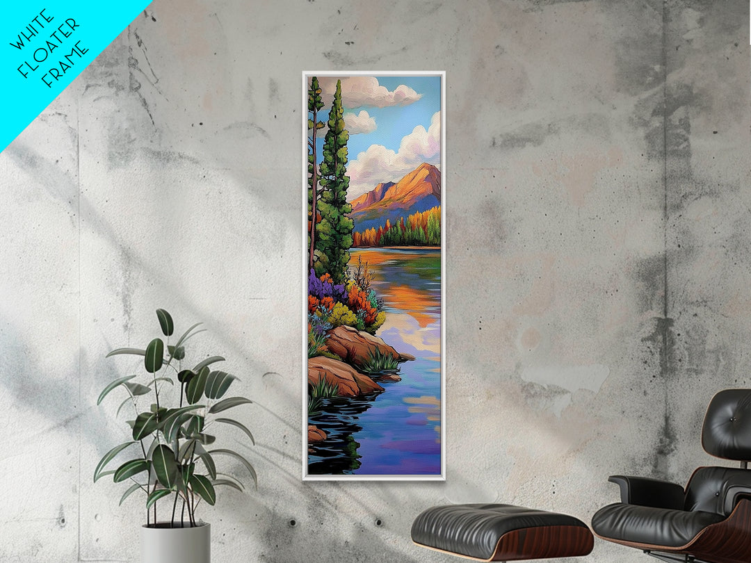 Autumn, Pines, Lake, Serenity, Framed Canvas Print with fall forest reflection, rustic cabin decor, cozy living room art, woodland scene