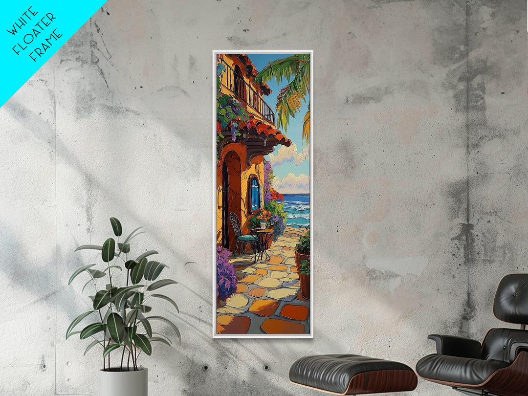 Patio, Ocean, Palm Trees, Tropical Coastal Balcony Framed Canvas Print, Boho Beach House Art, Outdoor Dining Wall Decor, Summer Vibes