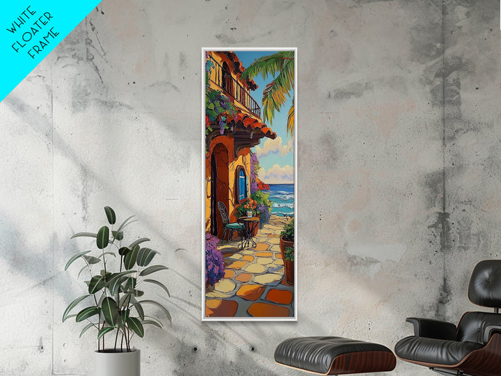 Patio, Ocean, Palm Trees, Tropical Coastal Balcony Framed Canvas Print, Boho Beach House Art, Outdoor Dining Wall Decor, Summer Vibes