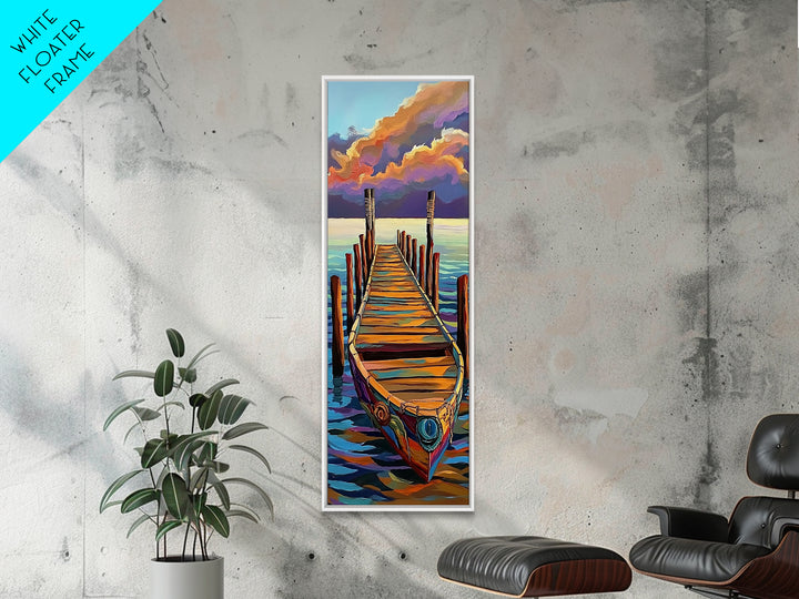 Boat, Dock, Sunset, Water, Canvas Print, Serene Nautical Wall Art, Lakehouse Decor, Minimalist Ocean Landscape, Peaceful Seascape