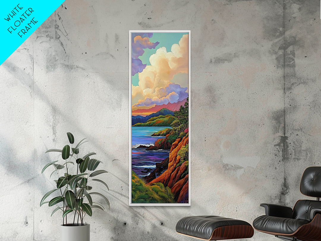 Coastal, Sunset, Cliffs, Horizon, Framed Canvas Print, Bold ocean view in painterly style, perfect Living Room Wall Art or Nature Inspired Decor