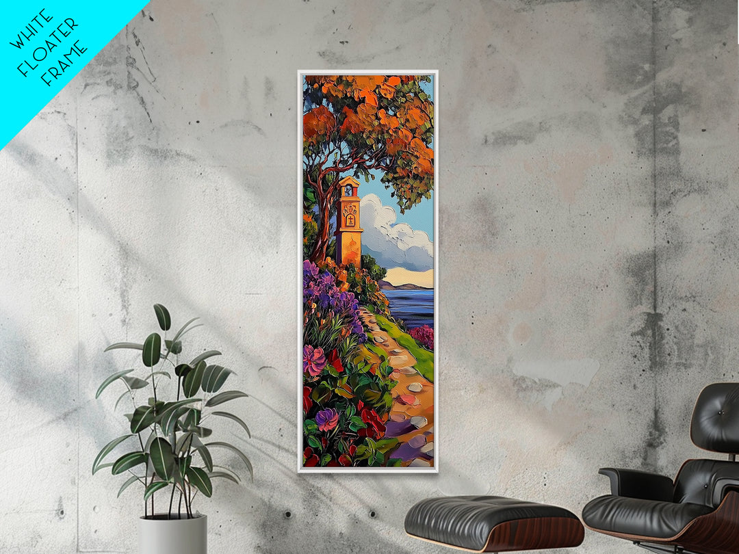 Coastal Bell Tower, Floral Pathway, Mediterranean Seaside Art, Vibrant Garden Style, Fall Home Accent, Framed Canvas Print