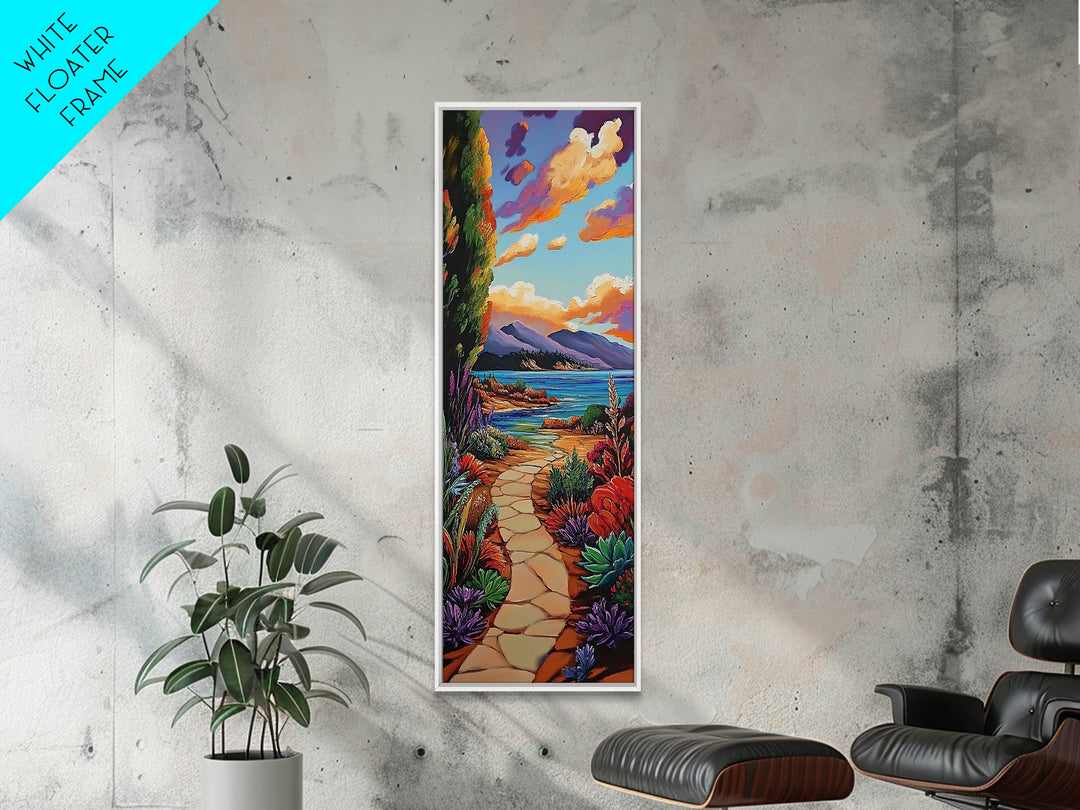 Coastal Trail, Ocean Cliffs, Vibrant Shoreline Art, Tropical Nature Decor, Scenic Summer Landscape, Framed Canvas Print