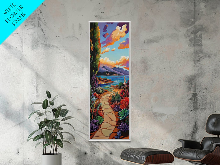 Coastal Trail, Ocean Cliffs, Vibrant Shoreline Art, Tropical Nature Decor, Scenic Summer Landscape, Framed Canvas Print