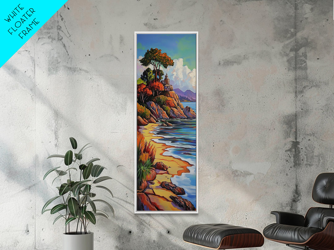 Autumn Lighthouse, Coast, Beach Sunset Landscape Framed Canvas Print, Coastal Wall Decor, Fall Living Room Art, Vibrant Nature Artwork