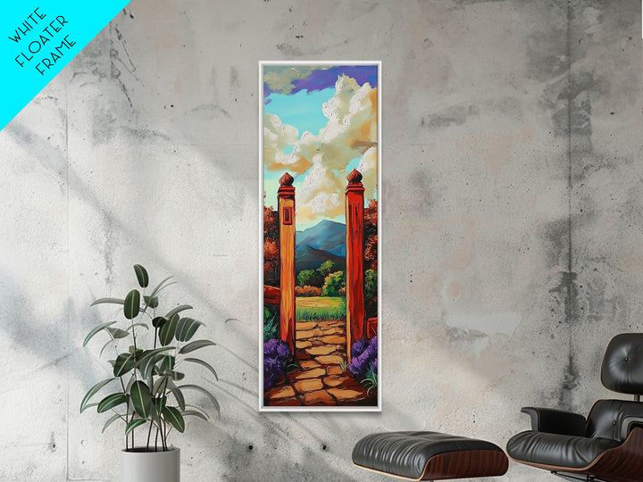 Country Gate, Meadow, Rustic Garden Landscape Framed Canvas Print, Farmhouse Wall Art, Autumn Entryway Decor, Peaceful Nature Scene