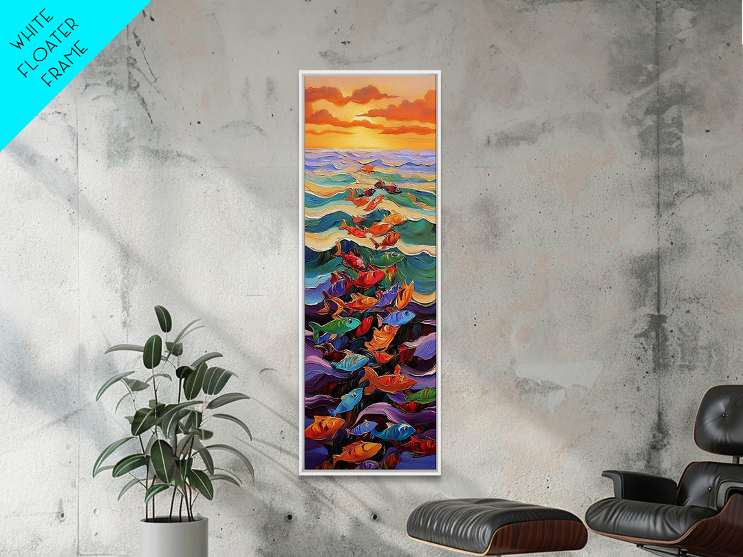 Ocean Journey, Colorful Fish, Sunrise Waves, Framed Canvas Print, vibrant coastal fish painting, kids room or nautical beach house art