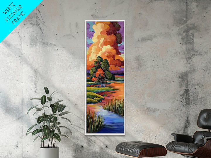 Autumn Marsh, Sunset Glow, Serene Trees, Framed Canvas Print, warm fall landscape art, peaceful country home decor, boho wall design