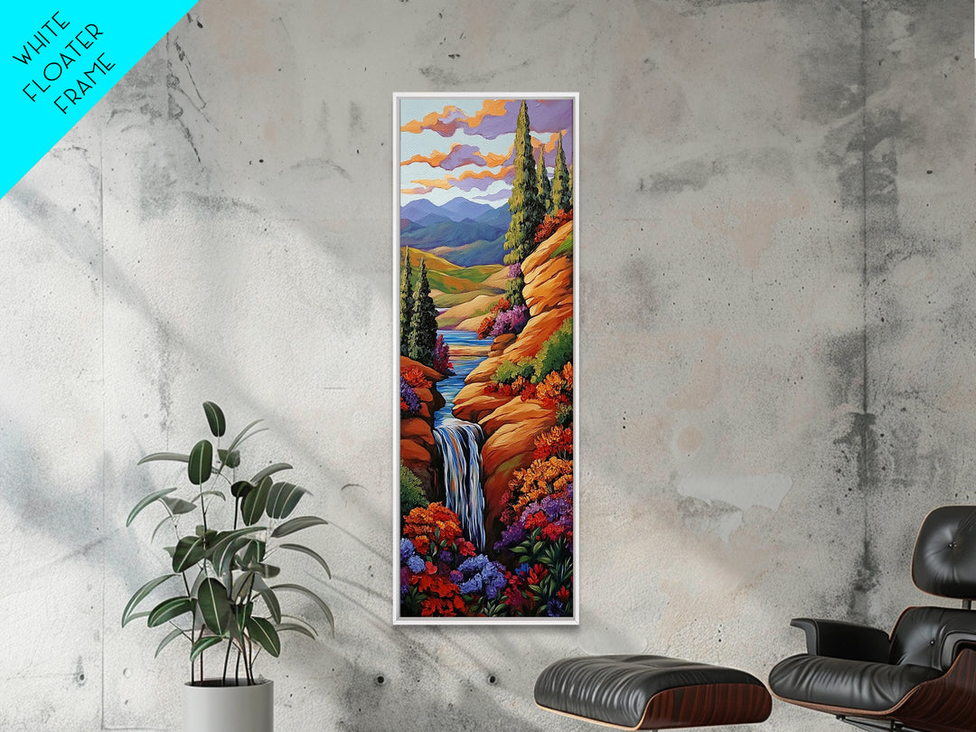 Autumn Waterfall, Flowers, Pathway, Framed Canvas Print, fall waterfall art, floral canyon decor, rustic landscape, living room wall art