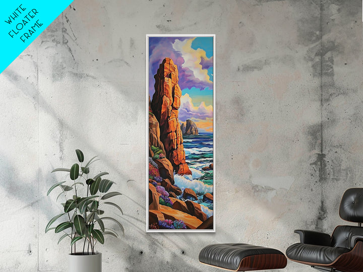 Coastal Cliffs, Ocean, Sunset, Framed Canvas Print, Bold coastal cliffs wall art, dramatic seascape beach decor, contemporary ocean painting