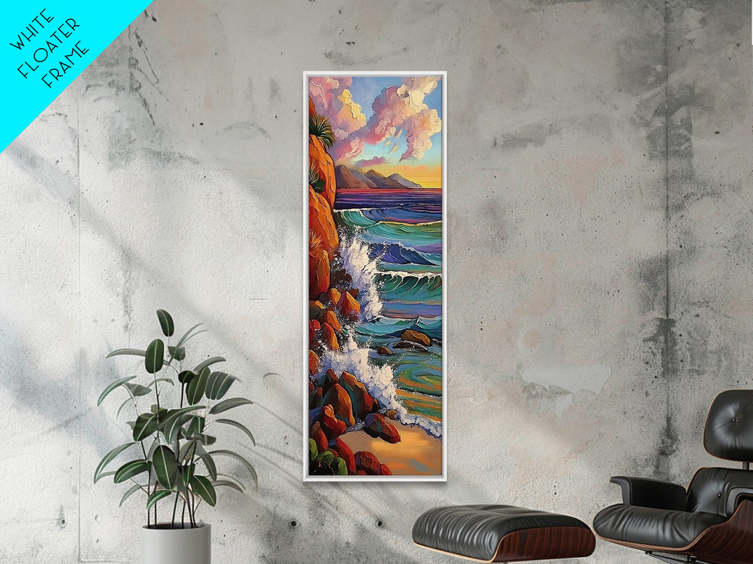 Ocean Cliffs, Sunset, Trees, Framed Canvas Print, Ocean cliffs wall art, glowing sunset scene, romantic coastal decor, entryway accent