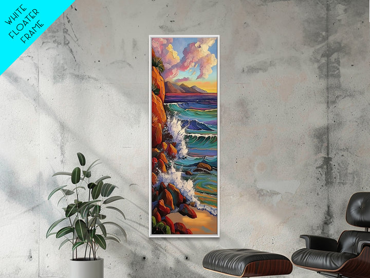 Ocean Cliffs, Sunset, Trees, Framed Canvas Print, Ocean cliffs wall art, glowing sunset scene, romantic coastal decor, entryway accent