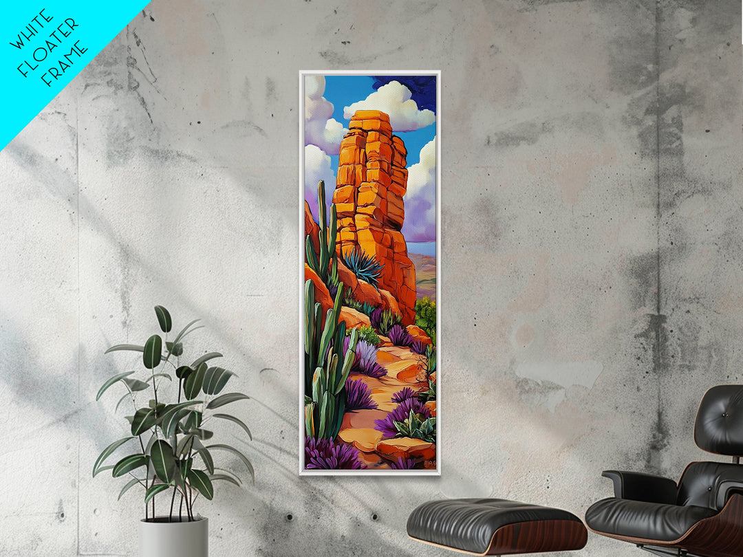 Desert Rock, Cactus, Trail – Canvas Print desert landscape art, boho western decor, rustic cactus painting, hallway wall decor, earthy tones