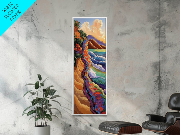 Cliffside Ocean, Rainbow, Waves – Canvas Print bold beach artwork, coastal living room art, tropical ocean scene, textured vibrant painting