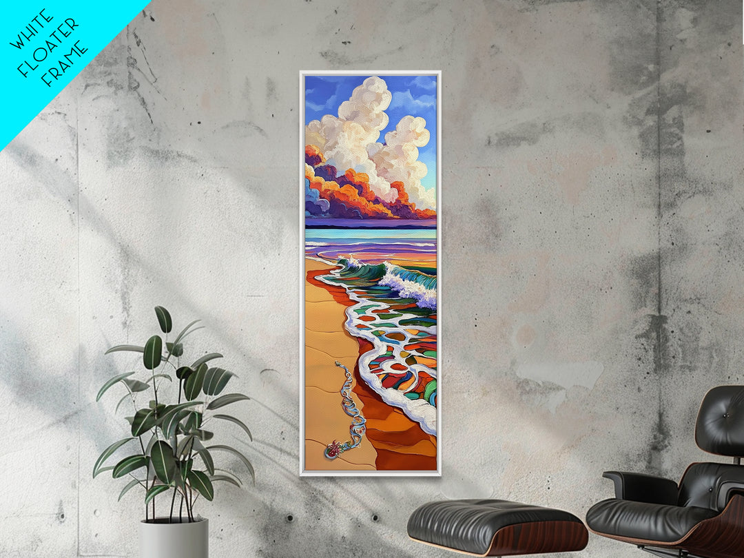 Beach Wave, Necklace, Shore — Canvas Print of whimsical wave reaching jewelry on sand, perfect Boho Bathroom Wall Art or Beach Lover's Gift Decor