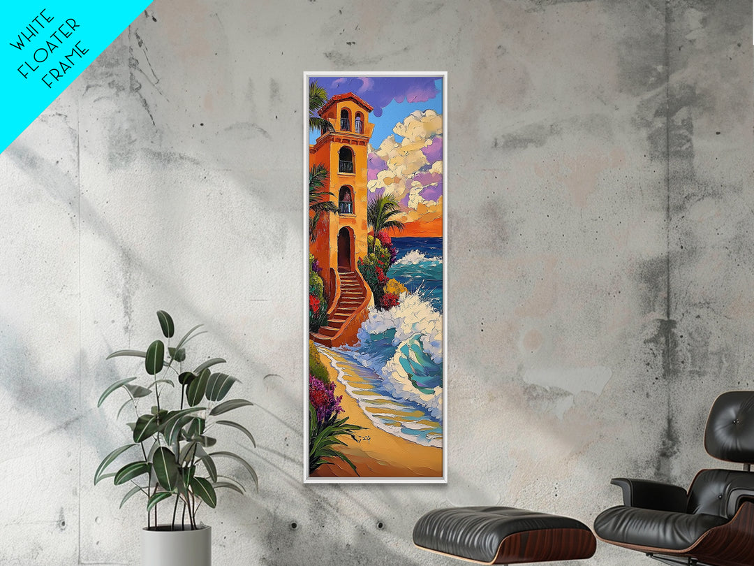Coastal Villa, Sunset, Ocean Waves Framed Canvas Print, Mediterranean Style Wall Art, Colorful Beach Home Decor, Seaside Painting
