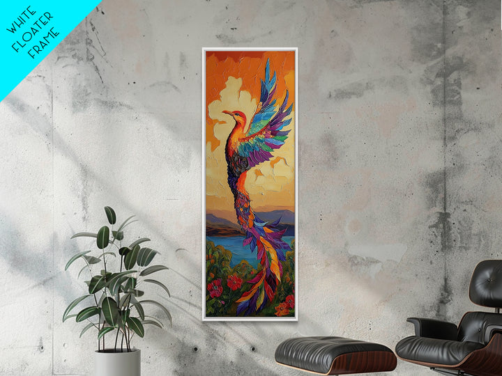 Phoenix Firebird, Sunset, Framed Canvas Print, Vibrant Mythical Wall Art, Boho Spirit Animal Decor, Bold Bedroom Statement Piece
