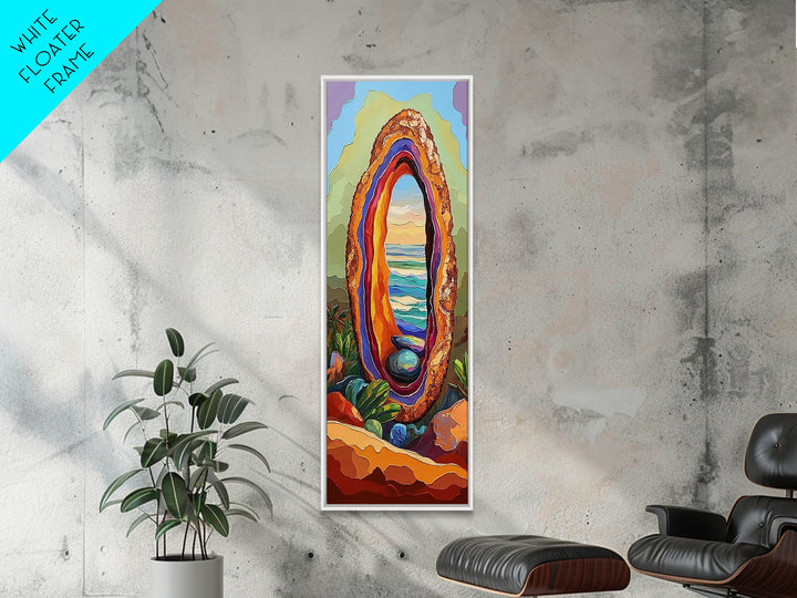 Ocean Portal, Geode Shell, Dreamy, Surreal Beach Art, Framed Canvas Print, Boho Bedroom Decor, Psychedelic Coastal Wall Art