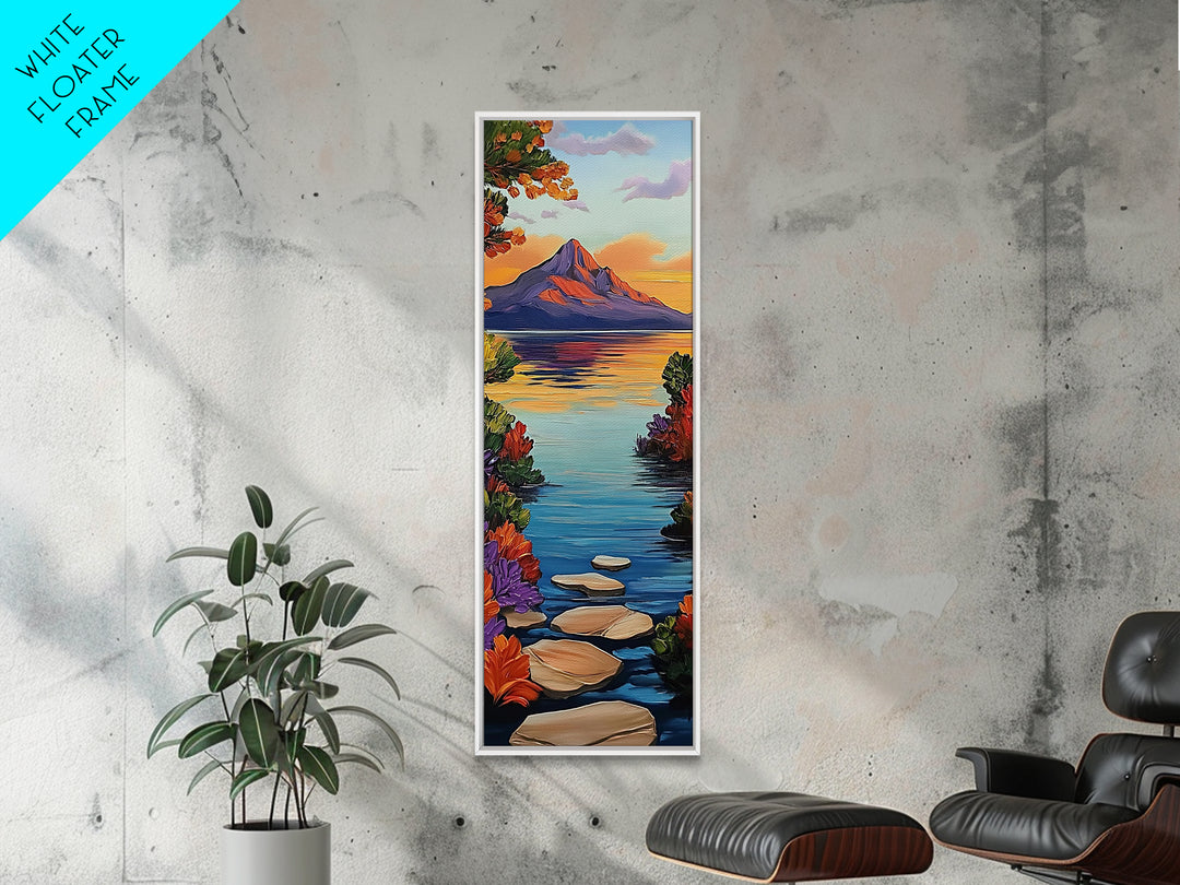 Pathway Lake, Mountains, Framed Canvas Print, Tranquil mountain lake trail painting with floral path, cabin wall art, rustic living room decor