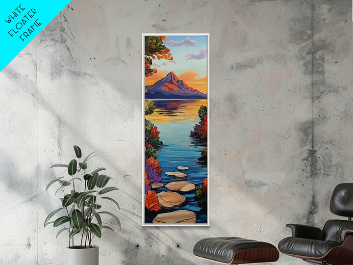 Pathway Lake, Mountains, Framed Canvas Print, Tranquil mountain lake trail painting with floral path, cabin wall art, rustic living room decor