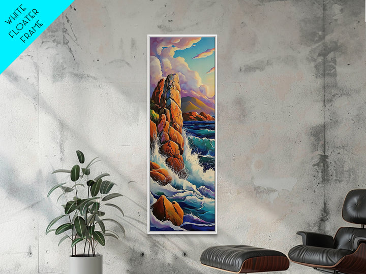 Ocean Rocks, Cliffs, Framed Canvas Print, Dramatic rocky shoreline painting with crashing waves, coastal landscape art, living room decor