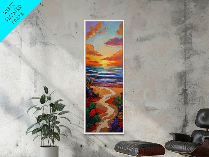 Path Beach, Sunset, Tropical Canvas Print scenic path to ocean wall decor, vibrant beach sunset artwork, tropical boho art, entryway art