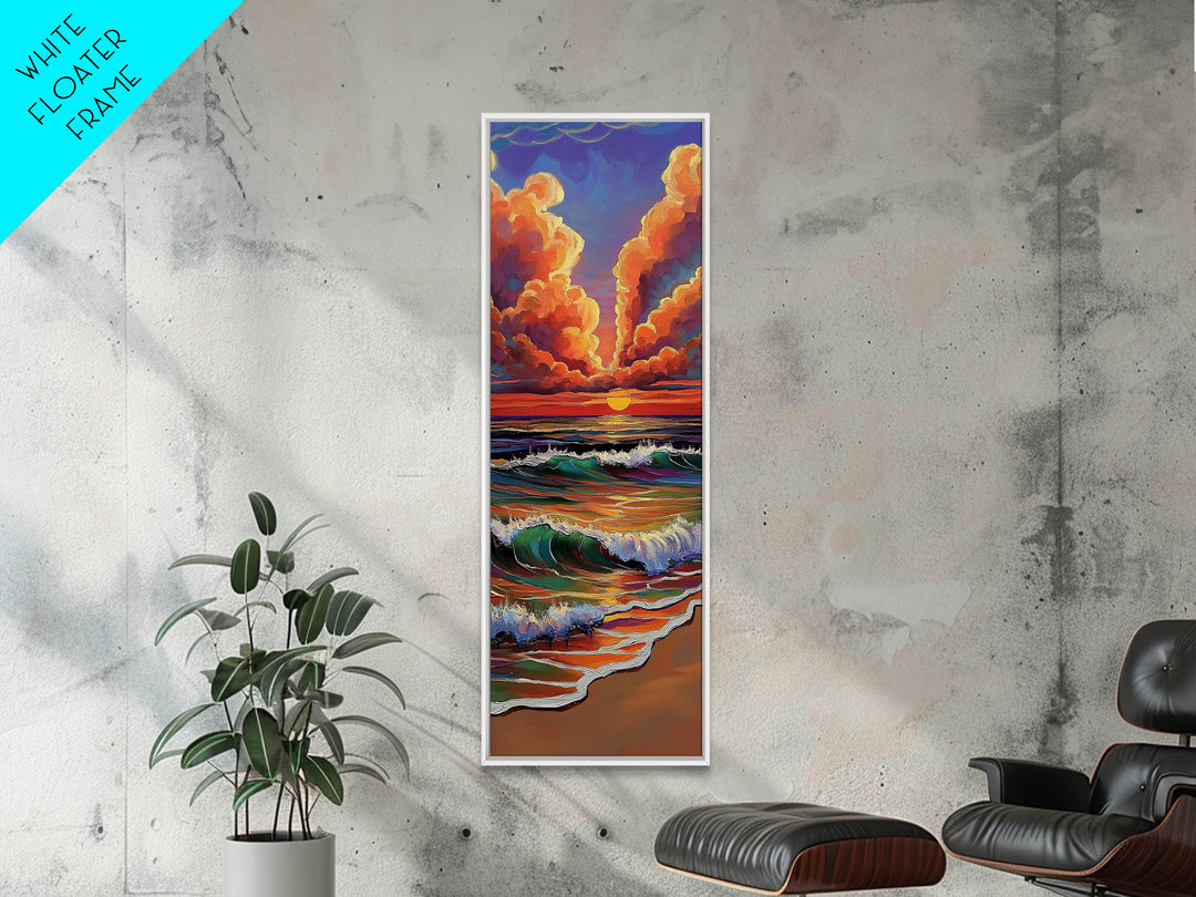 Ocean Sunset, Glow, Waves Framed Canvas Print glowing beach sunset wall art, vivid wave painting, warm coastal decor, boho beach house art