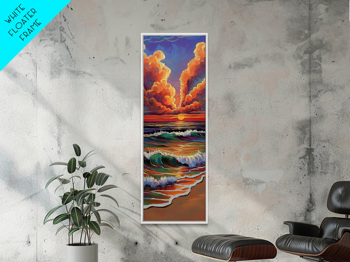 Ocean Sunset, Glow, Waves Framed Canvas Print glowing beach sunset wall art, vivid wave painting, warm coastal decor, boho beach house art