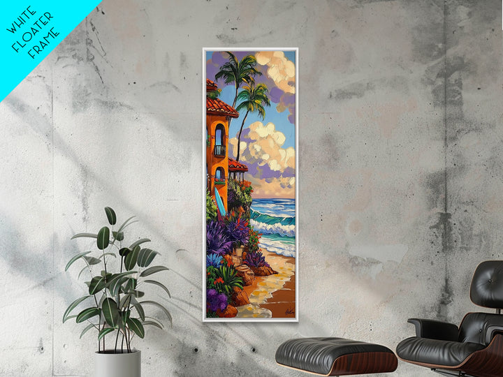 Coastal Villa, Surf, Tropics Canvas Print Mediterranean villa by the sea art, surfboard and tropical plants, boho beach decor, hallway print